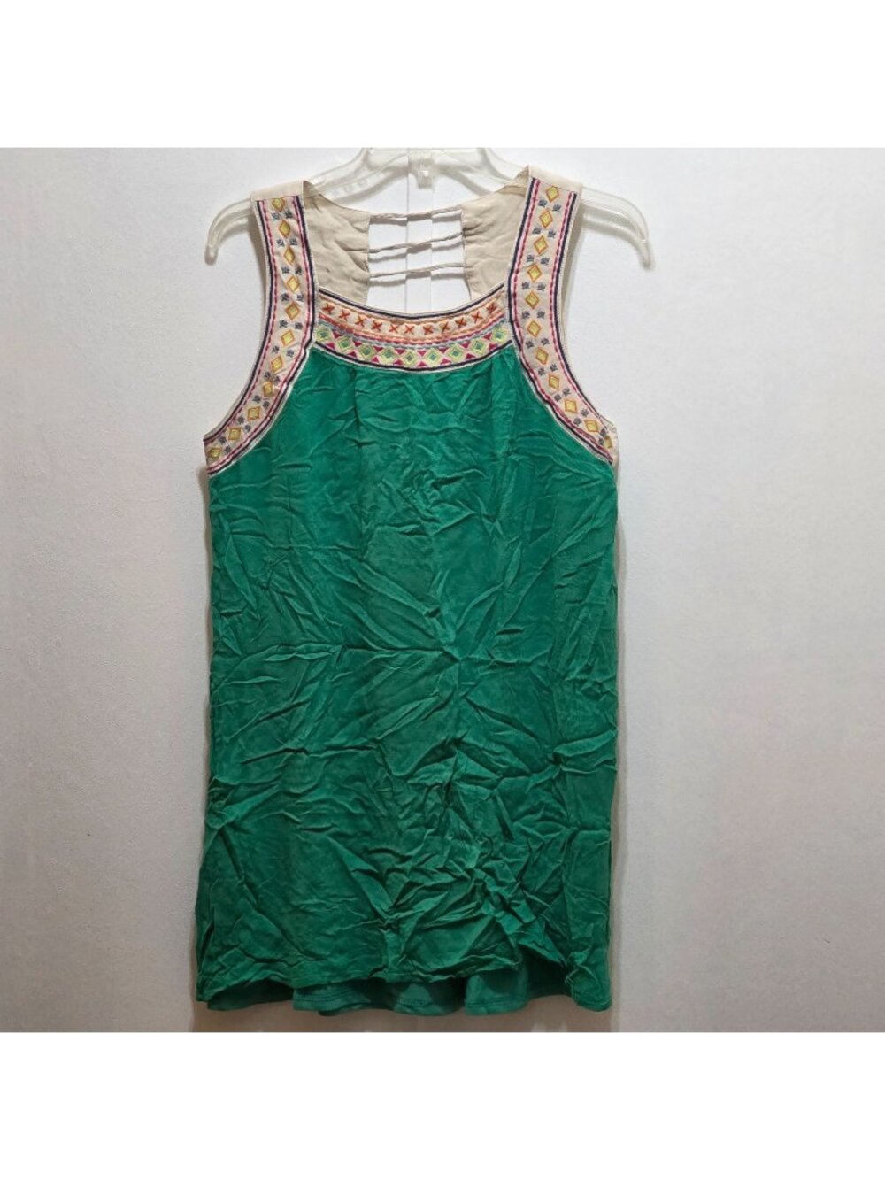 Flying‎ Tomato Green Tank Shift Dress Embroidered Geometric Strappy Back Size L
